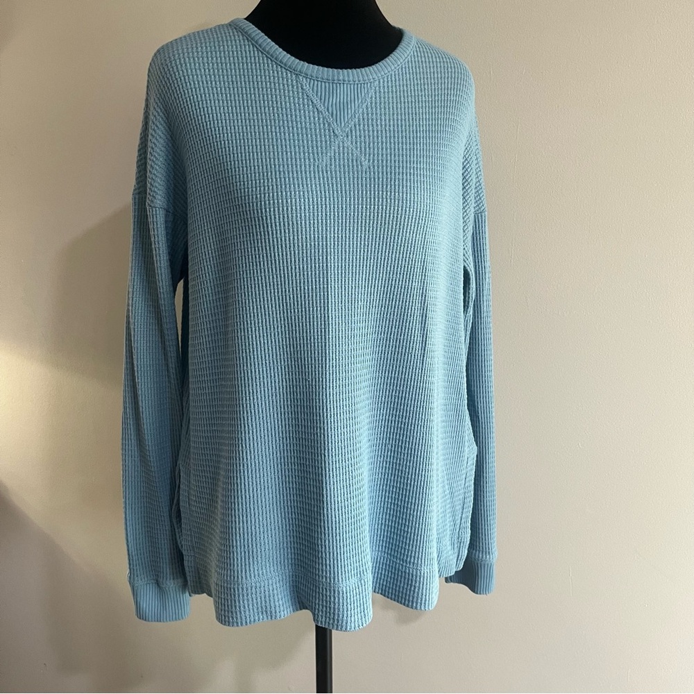 American Eagle Light Blue Waffle Knit Casual Oversized Crew Women's Shirt Top